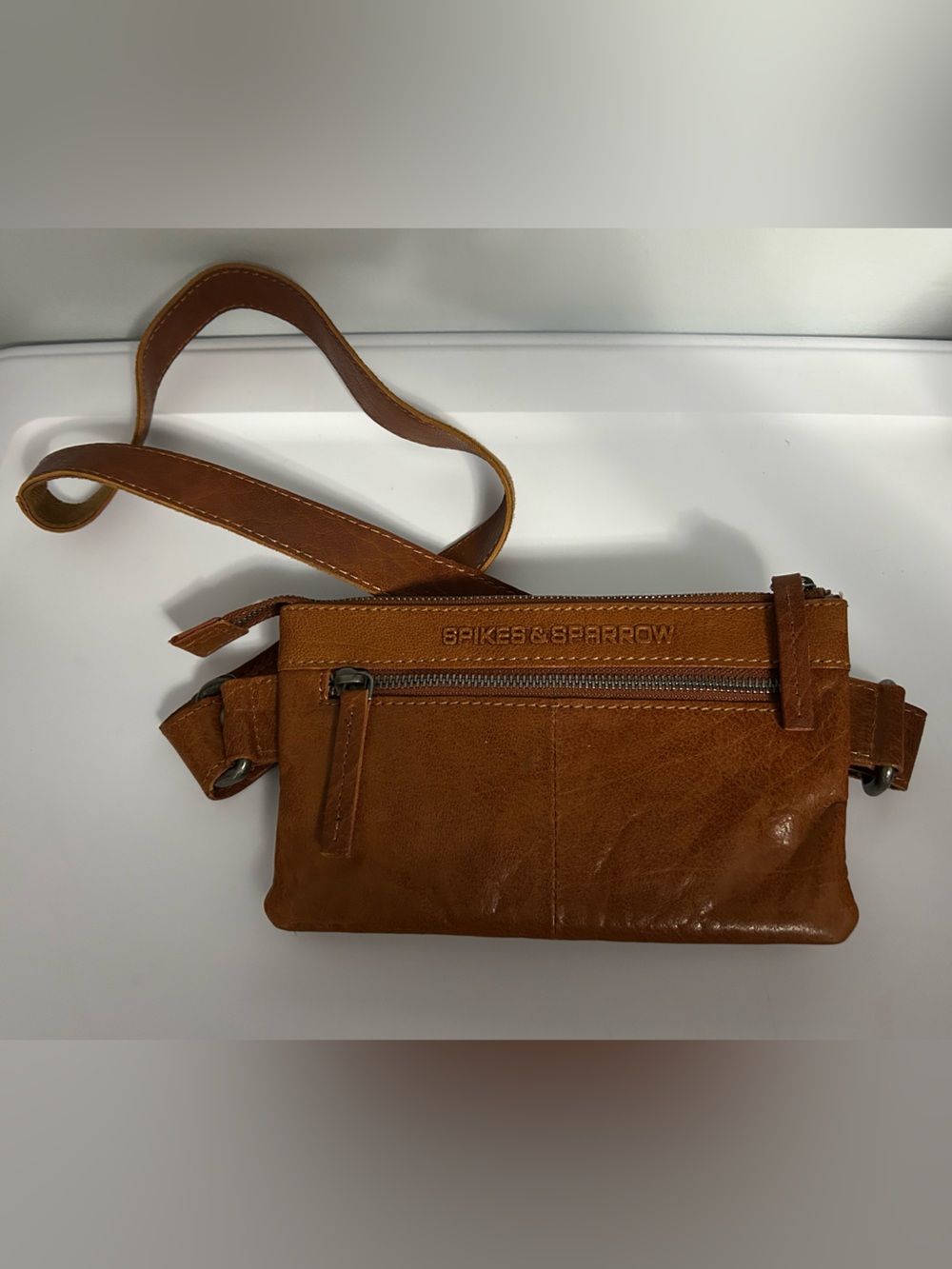 Spike & Sparrow Tan Leather Belt Bag with Front Zip Pocket